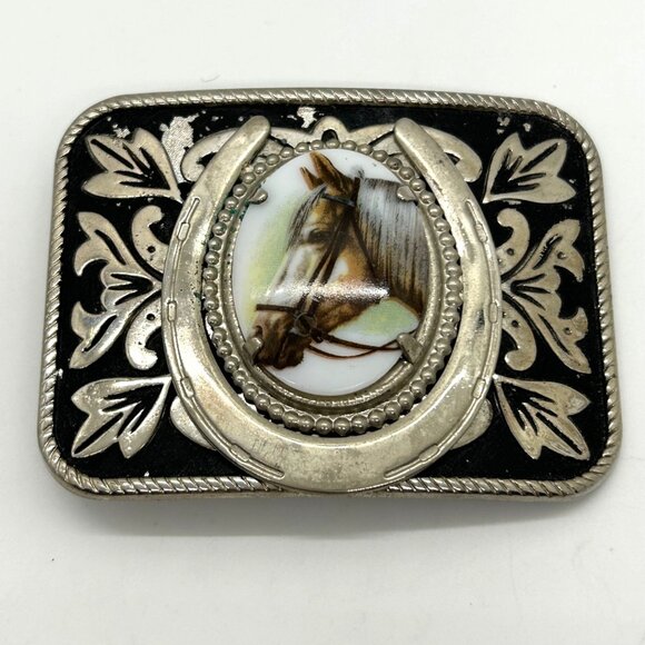 Vintage Western Style Belt Buckle Porcelain Horse Head Silver-tone - Picture 2 of 16